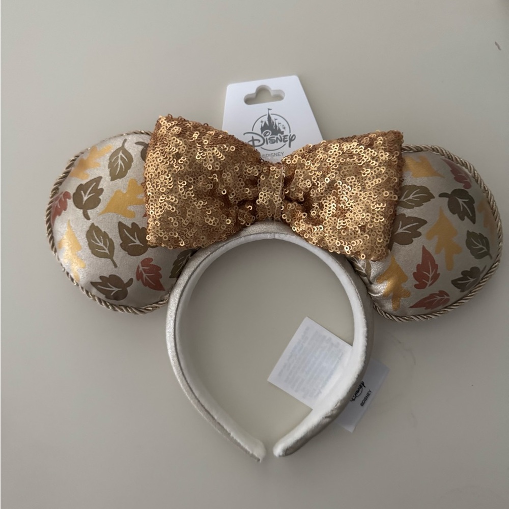 Disney Gold Sequin Bow Mickey Ear Headband with Leaf Pattern (Autumn Fall Ears)